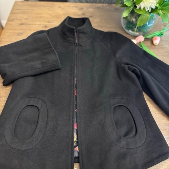 Betsey Johnson Black Wool Blend Swing Coat Jacket | Floral Rose Lining High Neck - Picture 6 of 16